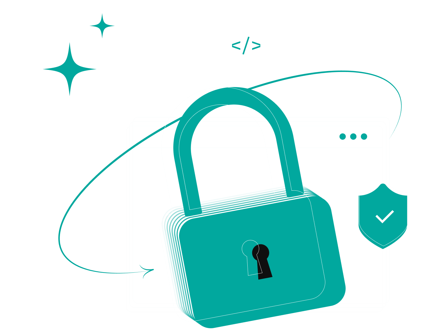 Cybersecurity illustration with padlock and shield