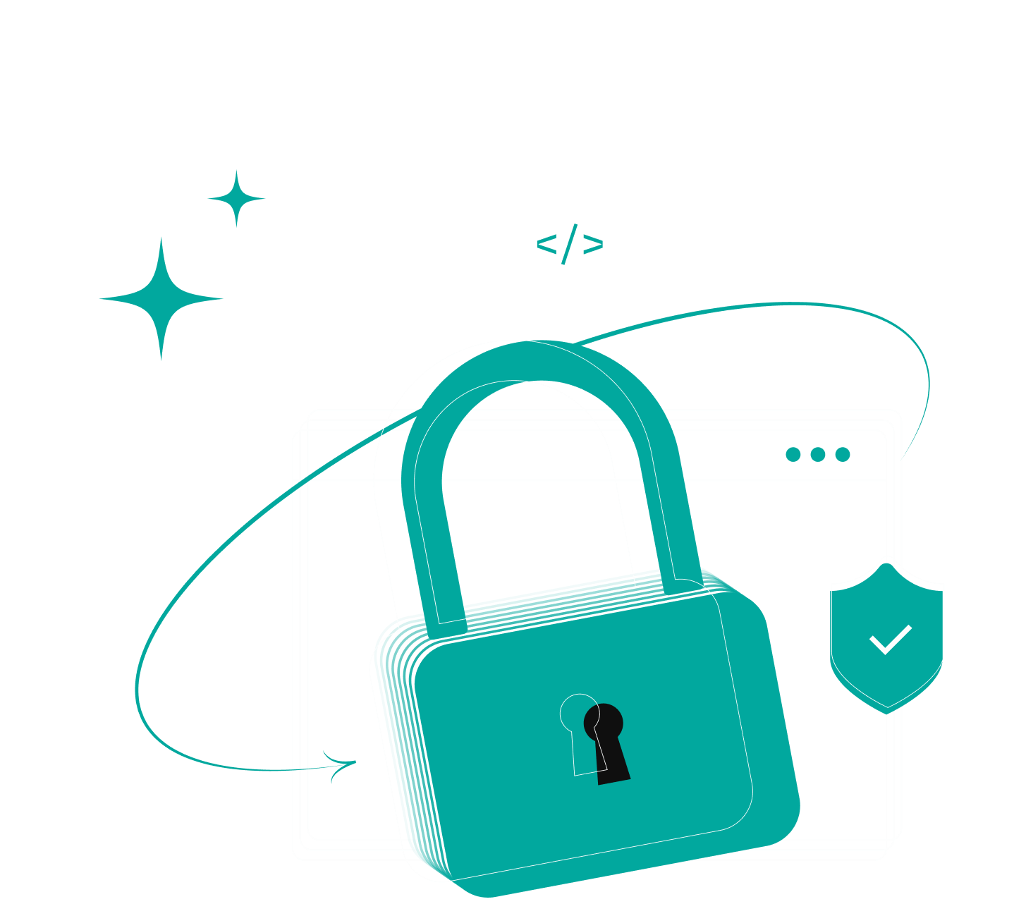 Cybersecurity illustration with padlock and shield