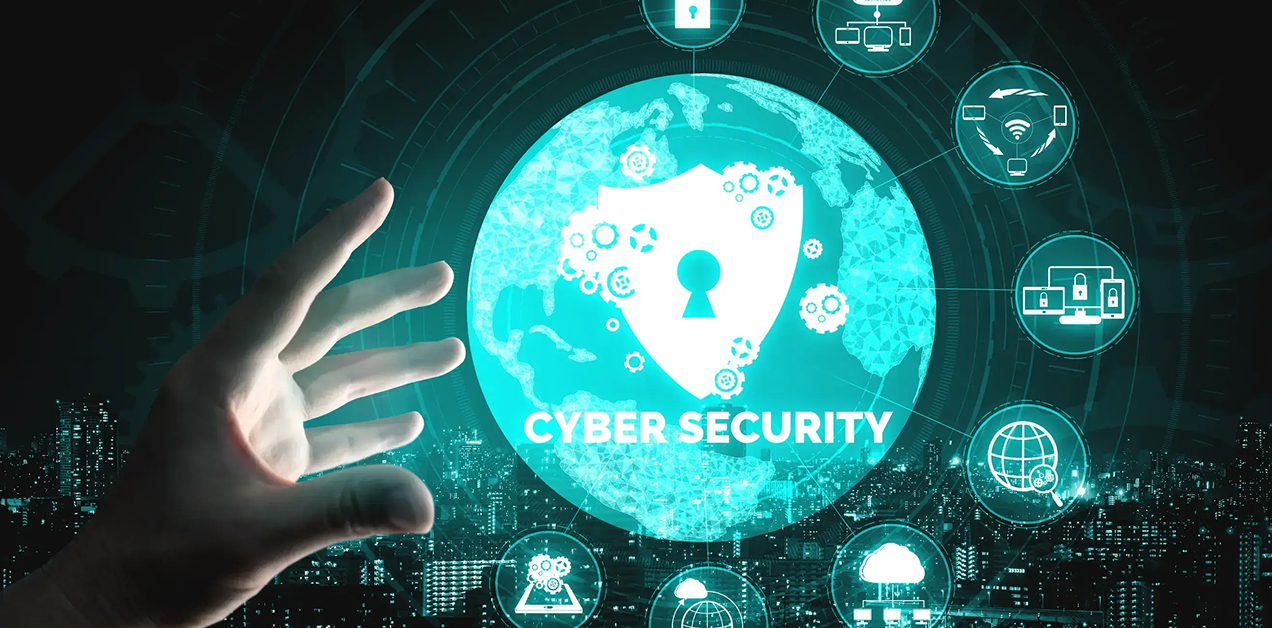 Cyber Security - Hand reaching towards holographic globe with security icons